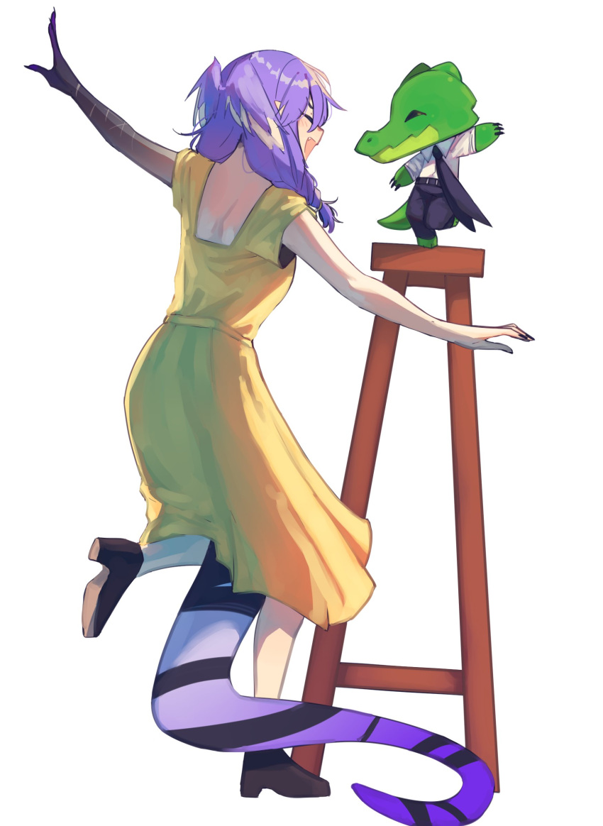 1girl, alligator, bangs, black_footwear, braid, collared_shirt, commission, crocodilian