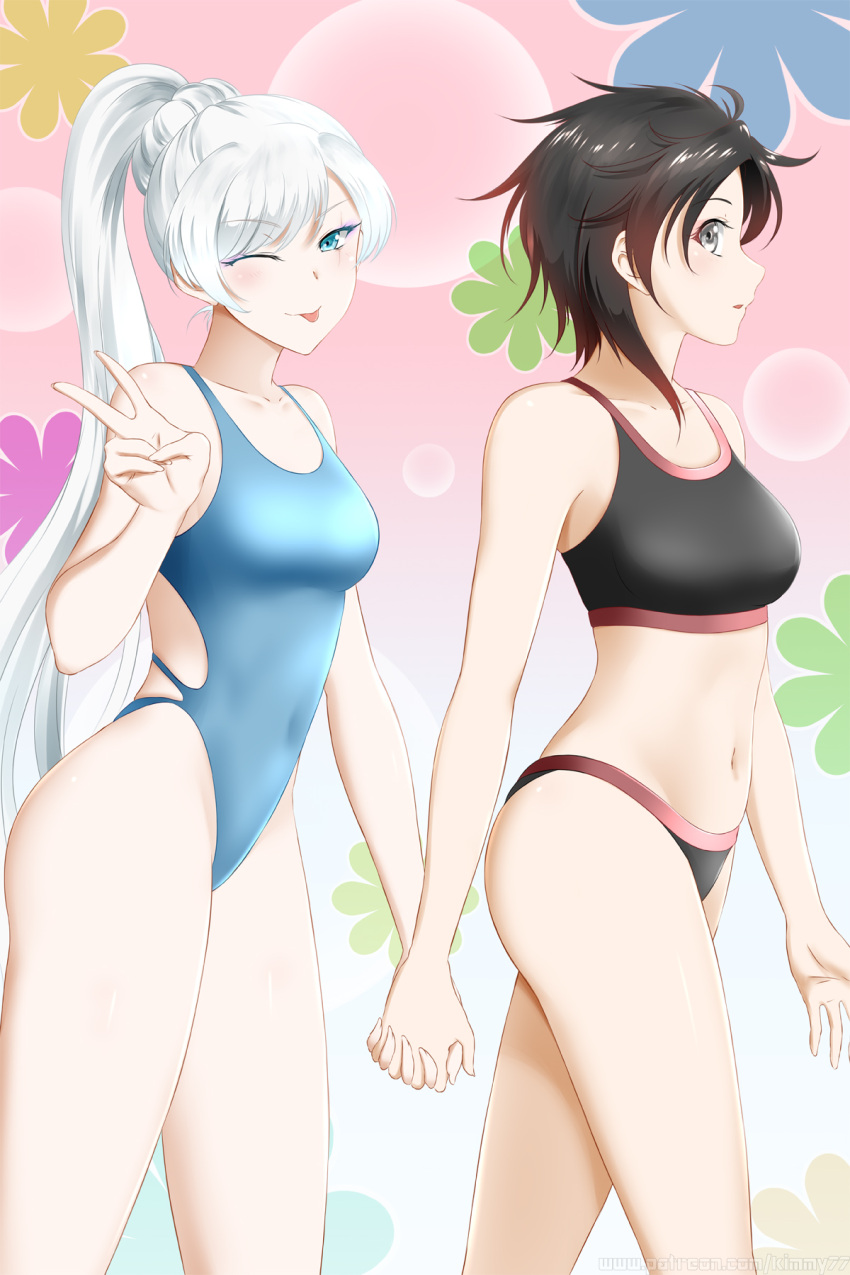 2girls, ;p, bangs, banned_artist, bare_shoulders, bikini, black_bikini, black_hair