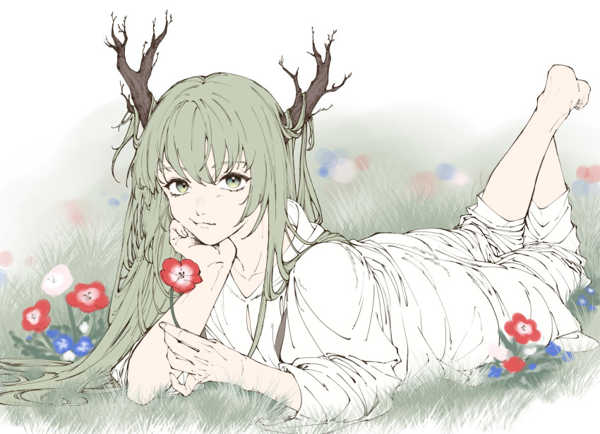 1other, androgynous, bangs, blue_flower, branch, enkidu_(fate), eyebrows_visible_through_hair, fate/grand_order, fate_(series), feet_up, field, flower, flower_field, full_body, green_eyes, green_hair, highres, long_hair, looking_at_viewer, lying, on_stomach, red_flower, robe, simple_background, smile, so_hana_ranyaro, solo, very_long_hair, white_flower