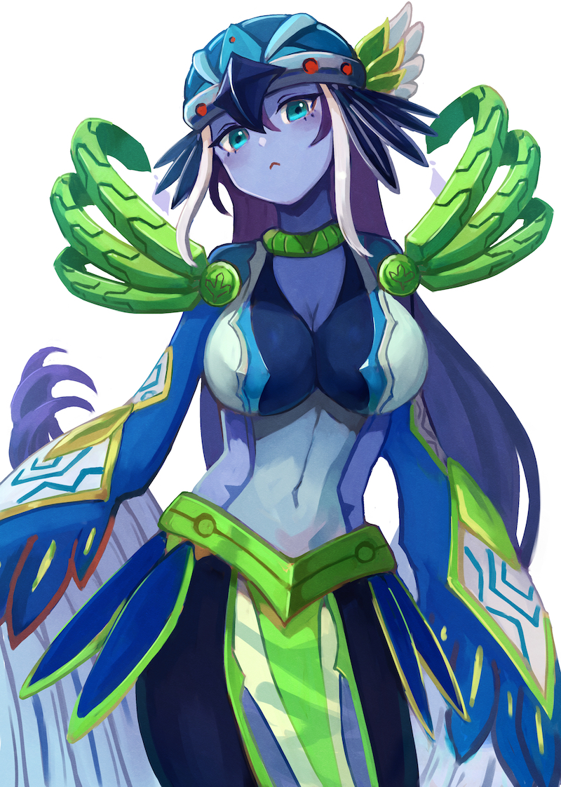 1girl, aqua_eyes, bare_shoulders, bird_girl, blue_skin, breasts, colored_skin, cowboy_shot