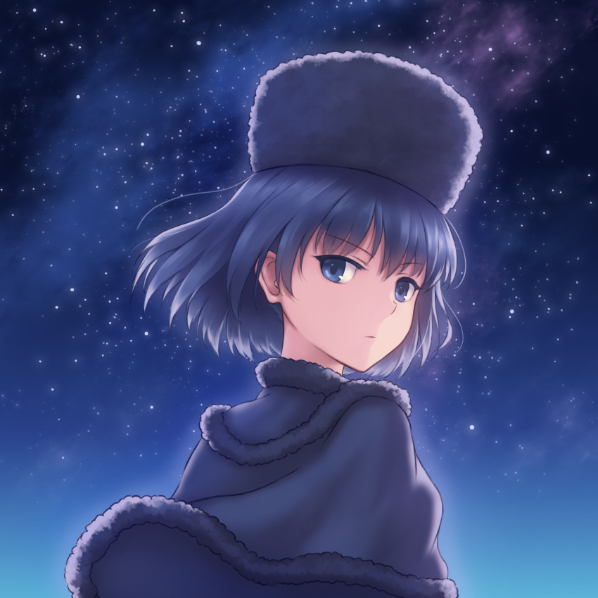 1girl, bangs, black_capelet, black_eyes, black_hair, black_headwear, capelet, closed_mouth