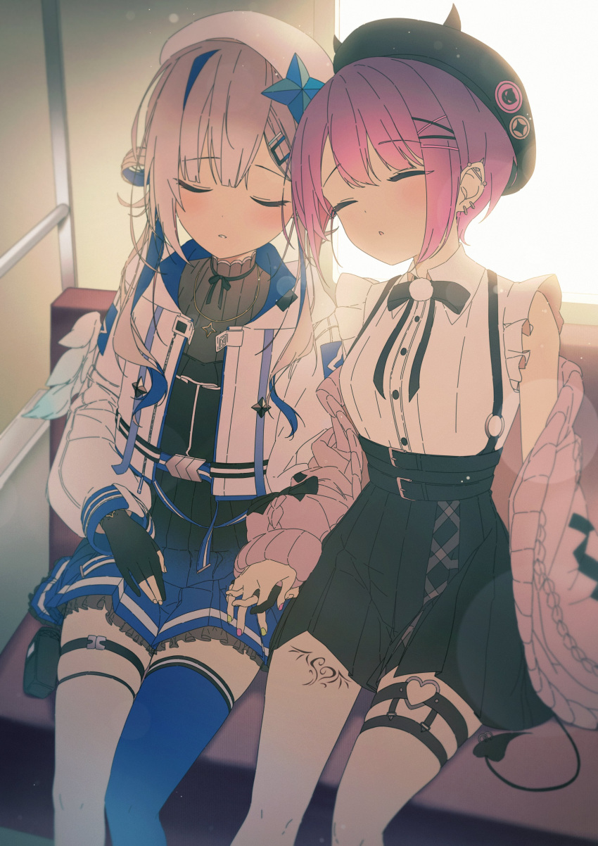 2girls, :o, absurdres, amane_kanata, asymmetrical_legwear, bangs, black_gloves, black_ribbon, black_skirt, blue_legwear, blue_skirt, blush, breasts, buttons, closed_eyes, collared_shirt, day, demon_tail, ear_piercing, eyebrows_visible_through_hair, flat_chest, frilled_shirt, frills, gloves, hair_between_eyes, hair_ornament, hairclip, hat, heads_together, high-waist_skirt, highres, holding_hands, hololive, interlocked_fingers, jacket, komori_(littleforest946), light_brown_hair, medium_breasts, medium_hair, multiple_girls, neck_ribbon, o-ring, open_mouth, parted_lips, partially_fingerless_gloves, piercing, pink_hair, pink_jacket, pleated_skirt, ribbon, shirt, shirt_tucked_in, short_hair, sidelocks, sitting, skirt, sleeping, sleeveless, sleeveless_shirt, subway, sunlight, tail, thigh-highs, thigh_strap, tokoyami_towa, white_legwear, white_shirt, yuri