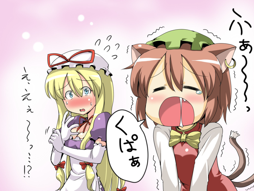 blonde_hair, blue_eyes, blush, cat_ears, cat_tail, chen, china_dress, chinese_clothes