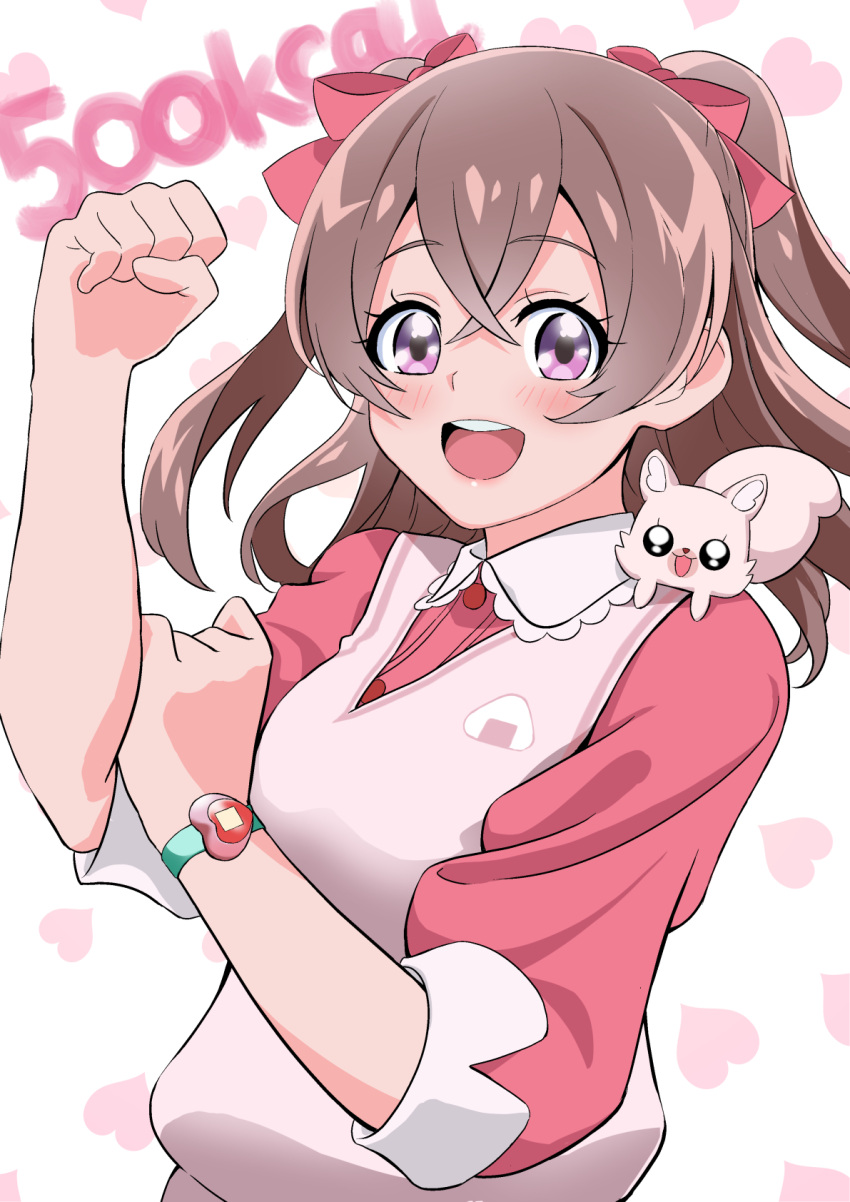 1girl, :d, bow, delicious_party_precure, eyebrows_visible_through_hair, hair_bow, hakase_yurisuki, highres