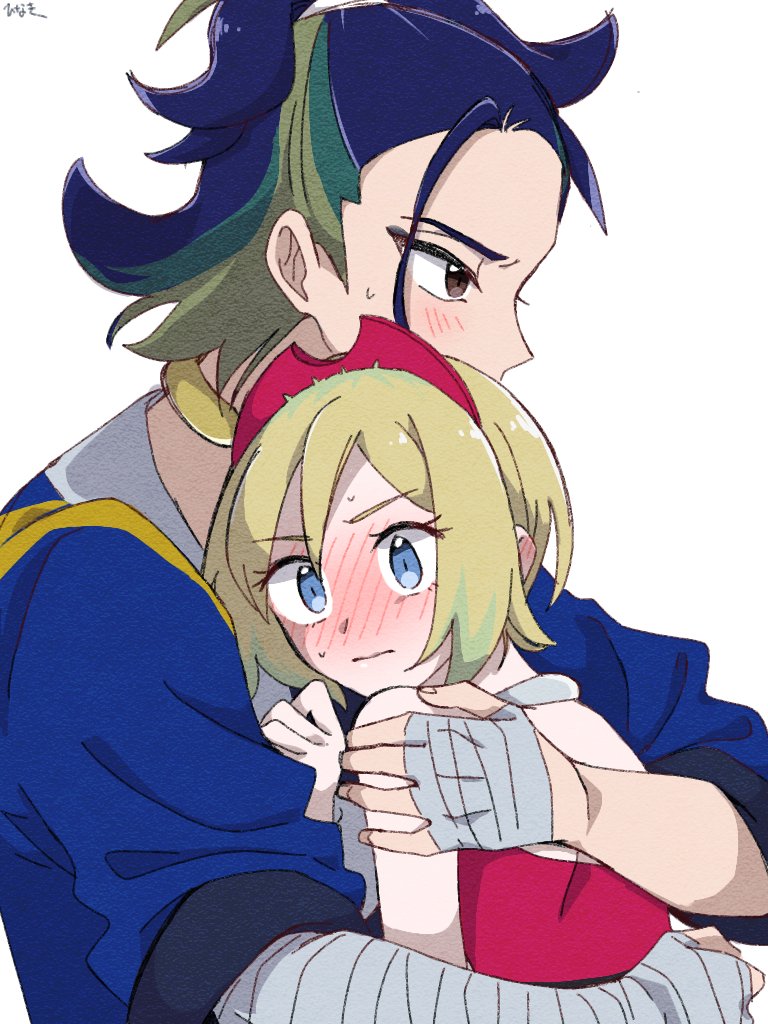 1boy, 1girl, adaman_(pokemon), arm_wrap, bangs, blonde_hair, blue_coat, blue_eyes, blue_hair, blush, brown_eyes, closed_mouth, coat, collar, commentary_request, eyelashes, from_side, green_hair, hairband, hand_up, hand_wraps, hetero, hinaki_(hinaaaaa1002), hug, irida_(pokemon), multicolored_hair, pokemon, pokemon_(game), pokemon_legends:_arceus, red_hairband, red_shirt, shirt, short_hair, simple_background, sweat, sweatdrop, upper_body, white_background