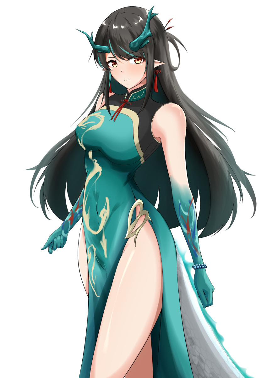 1girl, absurdres, arknights, bangs, bare_legs, bare_shoulders, black_hair, bracelet