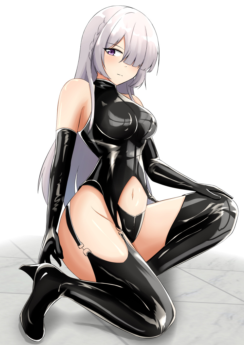 1girl, absurdres, ak-15_(girls'_frontline), bangs, bare_shoulders, black_footwear, black_underwear, boots, braid, breasts, closed_mouth, commentary, commission, elbow_gloves, full_body, girls_frontline, gloves, grey_hair, hair_over_one_eye, hand_on_own_knee, high_heel_boots, high_heels, highleg, highres, hiuyec, kneeling, latex, latex_gloves, latex_legwear, legs_folded, long_bangs, long_hair, looking_to_the_side, navel, o-ring, parted_bangs, shiny, shiny_clothes, simple_background, skeb_commission, solo, thigh-highs, thighs, underwear, violet_eyes, white_background