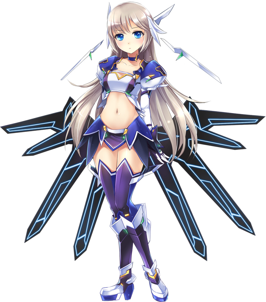 1girl, bangs, blue_eyes, boots, collarbone, full_body, hair_ornament, highres, long_hair, master_of_eternity, midriff, miniskirt, navel, official_art, rachel_(master_of_eternity), silver_hair, skirt, solo, tachi-e, thigh-highs, thigh_boots, transparent_background, wings