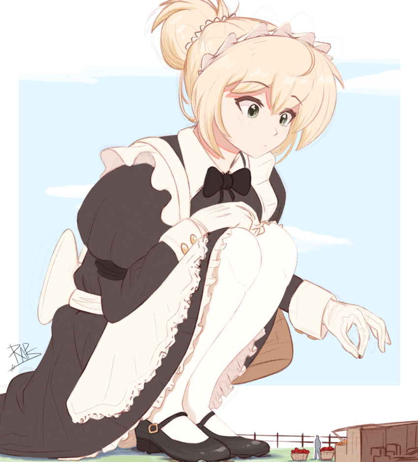 1girl, apron, aqua_eyes, black_bow, black_dress, black_footwear, blonde_hair, bow, dress, english_commentary, eyebrows_visible_through_hair, frills, giant, giantess, gloves, hair_bun, highres, long_sleeves, maid, maid_apron, maid_headdress, mary_janes, original, picking_up, raps_(yohomeboyraps), shoes, shopping, signature, size_difference, squatting, watermark, white_legwear