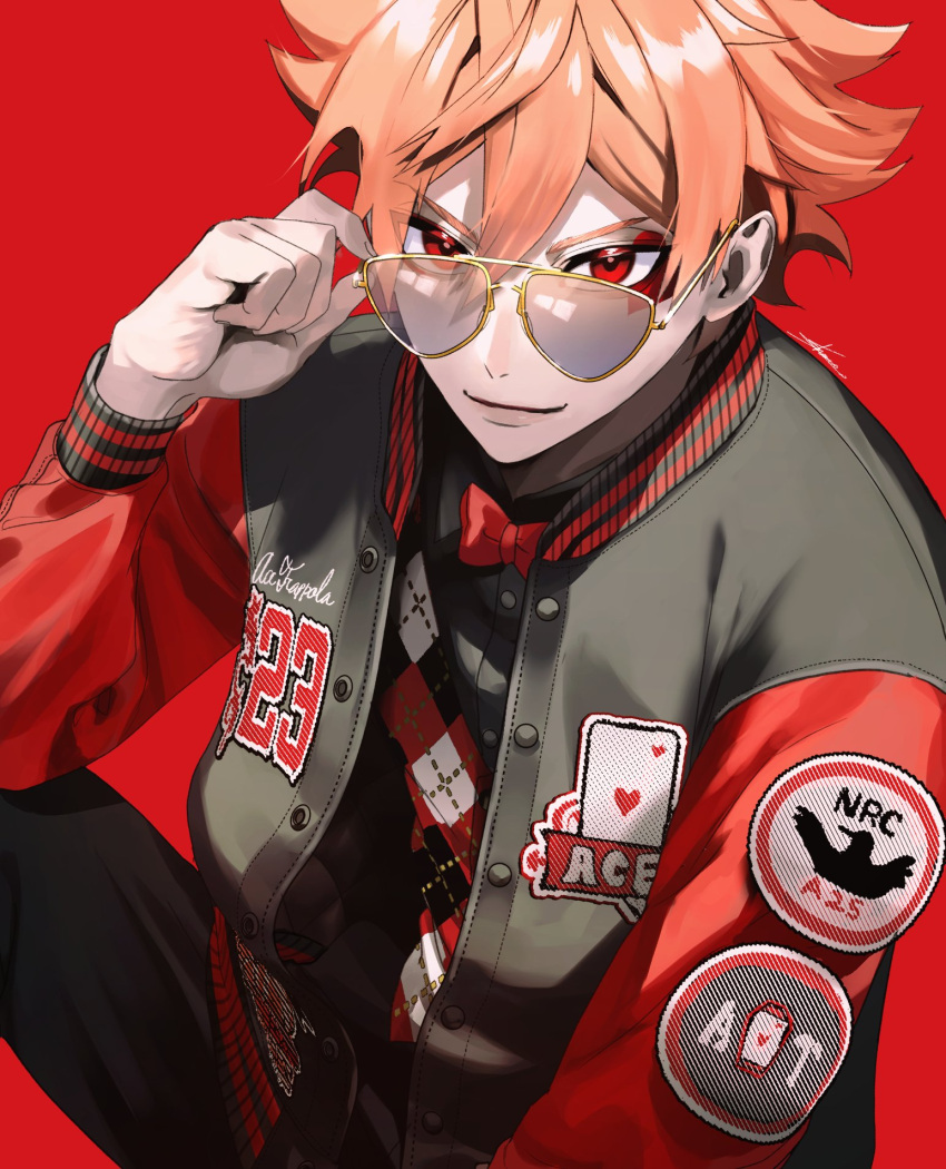 1boy, ace_trappola, argyle_vest, aviator_sunglasses, badge, bishounen, black_pants, black_shirt