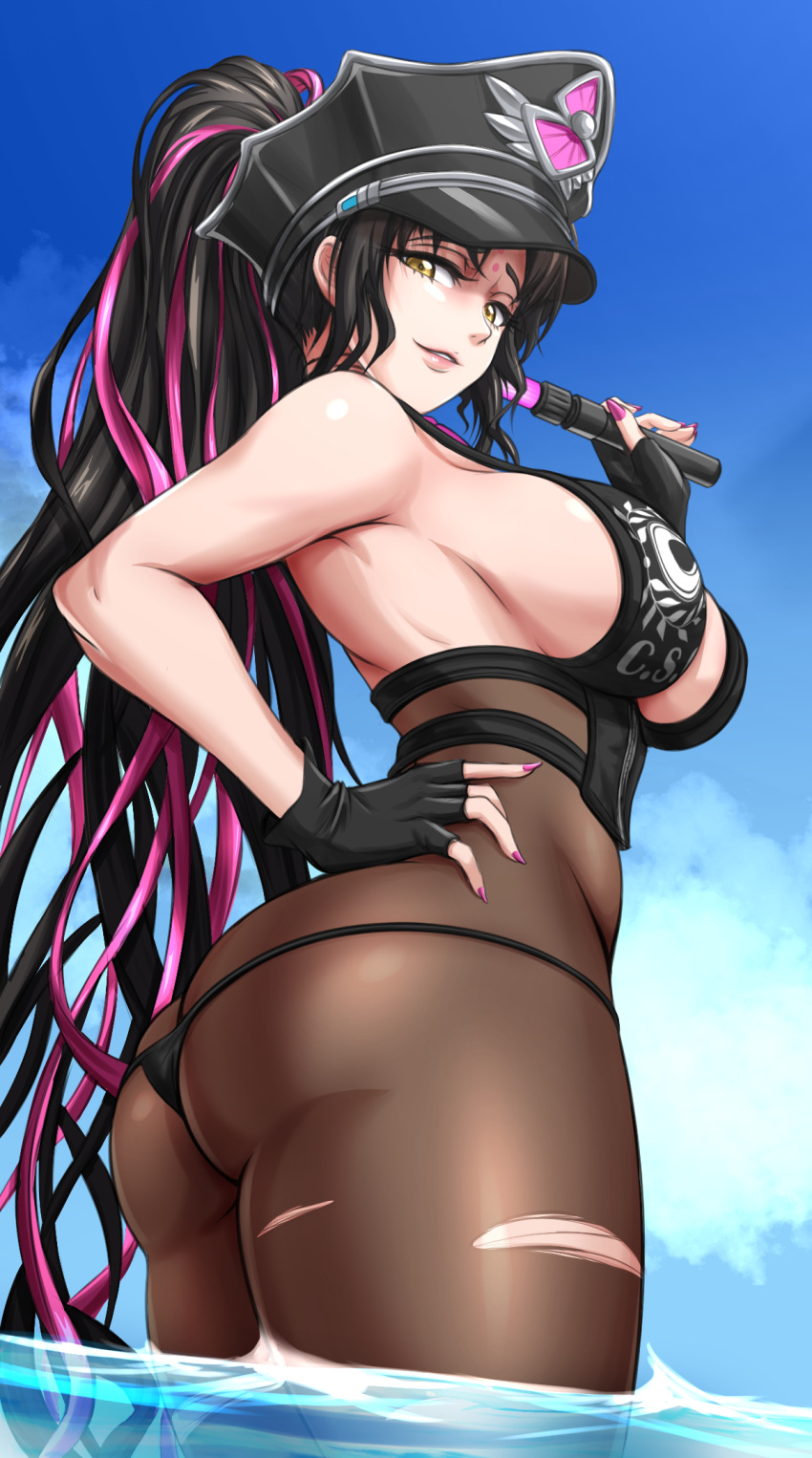 1girl, ass, backless_outfit, black_gloves, black_hair, breasts, commission, facing_away, fate/grand_order, fate_(series), gloves, hand_on_hip, hat, highres, in_water, large_breasts, long_hair, looking_at_viewer, looking_back, peaked_cap, ponytail, sesshouin_kiara, sesshouin_kiara_(swimsuit_mooncancer)_(fate), sideboob, solo, swimsuit, torn_clothes, water, yellow_eyes, zantyarz