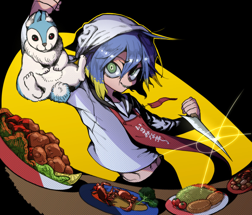 1boy, 2ch_(/livejupiter/), bangs, blonde_hair, blue_hair, commentary_request, cookie_(touhou), cowboy_shot