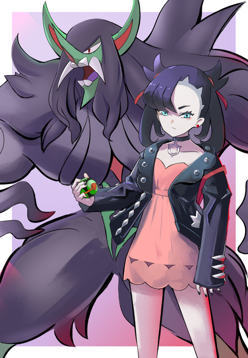 1girl, asymmetrical_bangs, backpack, bag, bangs, black_choker, black_hair, black_jacket