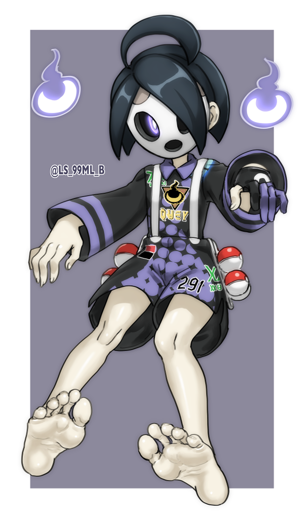 1boy, ahoge, allister_(pokemon), barefoot, black_hair, black_shirt, black_shorts, border