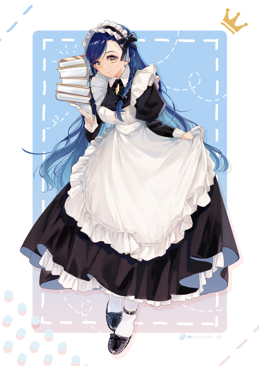 1girl, absurdres, alternate_costume, apron, apron_hold, bangs, black_bow, black_dress