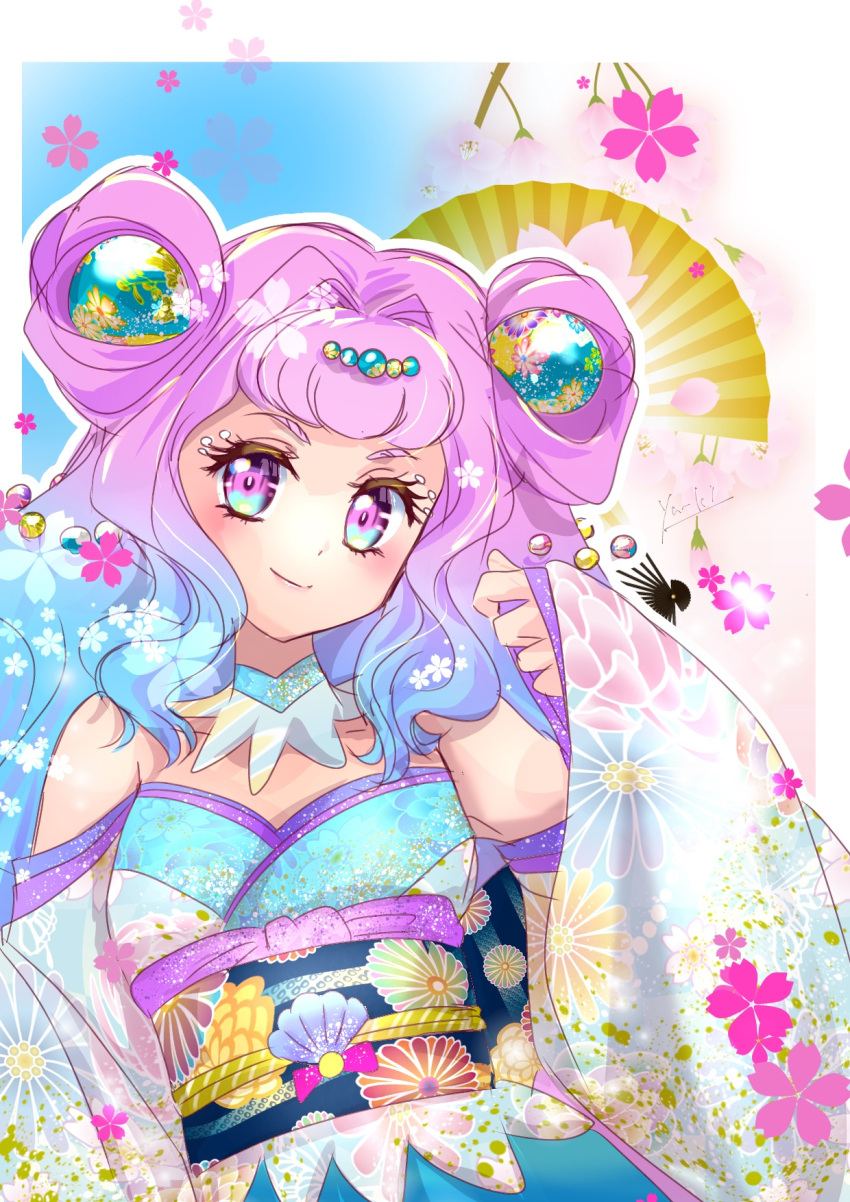1girl, blue_hair, blush, border, closed_mouth, cure_la_mer, detached_sleeves, gradient_hair