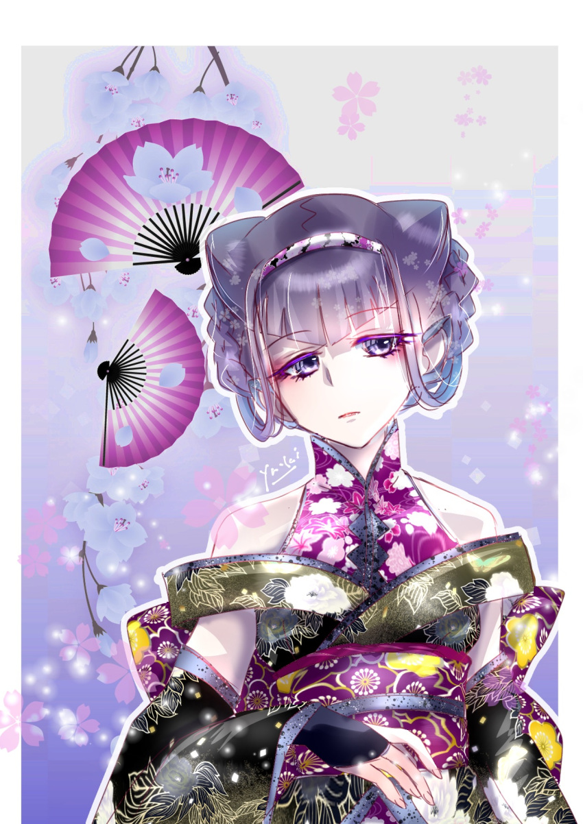 1girl, bangs, bare_shoulders, black_kimono, black_sleeves, border, closed_mouth, detached_sleeves