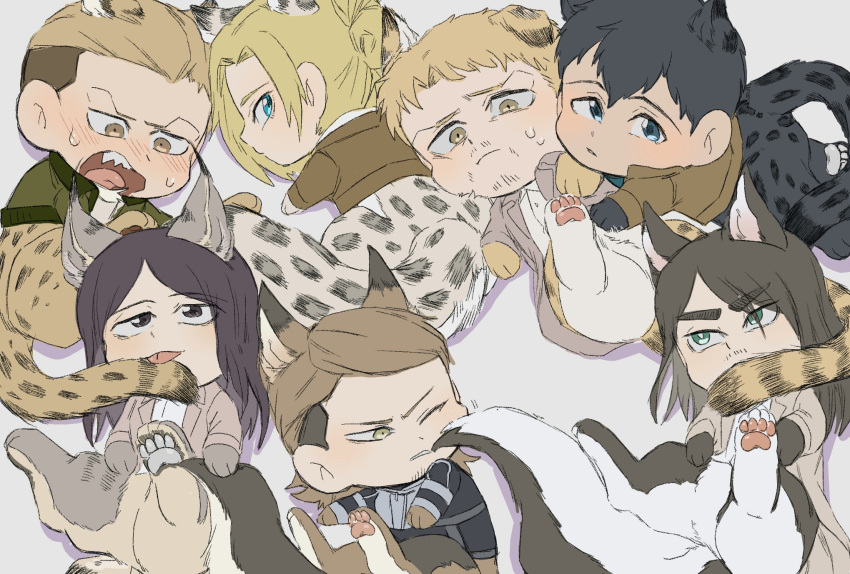 2girls, 5boys, animal_ears, animal_feet, animal_hands, annie_leonhardt, bertolt_hoover, blonde_hair, blush, cheek_bulge, cheek_press, chibi, dog_boy, dog_ears, dog_tail, eren_yeager, fox_boy, fox_ears, fox_tail, highres, jaguar_boy, jaguar_ears, jaguar_girl, jaguar_tail, jean_kirchstein, kemonomimi_mode, licking_tail, long_hair, lying, lying_on_person, marley_military_uniform, multiple_boys, multiple_girls, older, on_back, pieck_finger, porco_galliard, reiner_braun, shingeki_no_kyojin, short_hair, sweatdrop, tail, tail_on_face, tiger_boy, tiger_ears, tiger_tail, undercut, zunkome