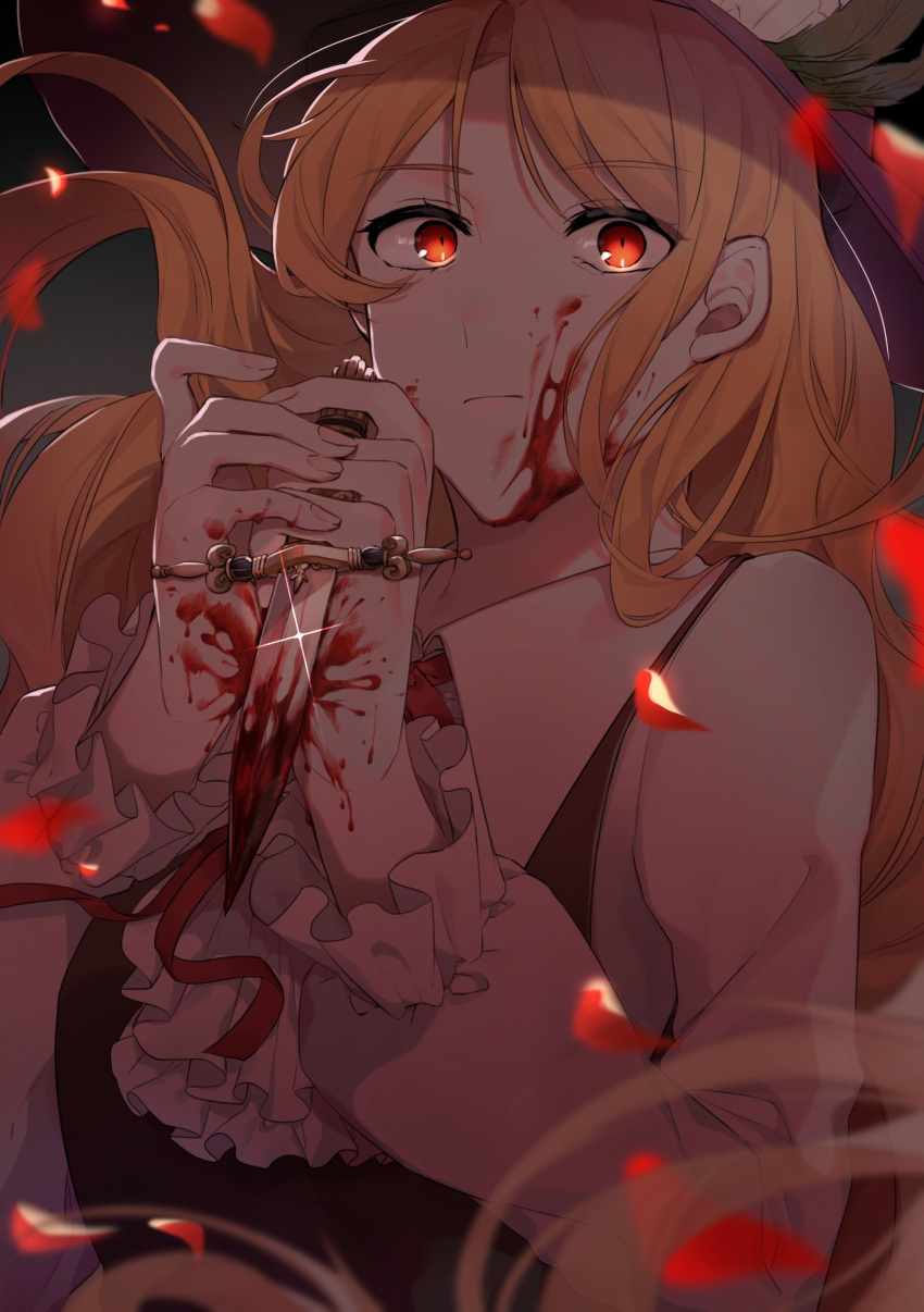 1girl, bangs, blonde_hair, blood, breasts, brown_headwear, brown_vest, center_frills