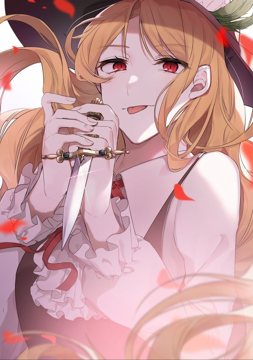1girl, bangs, blonde_hair, breasts, brown_headwear, brown_vest, center_frills, closed_mouth
