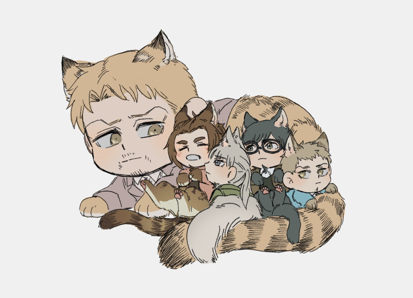 2girls, 3boys, animal_ears, animal_feet, animal_hands, blonde_hair, blush, cat_boy
