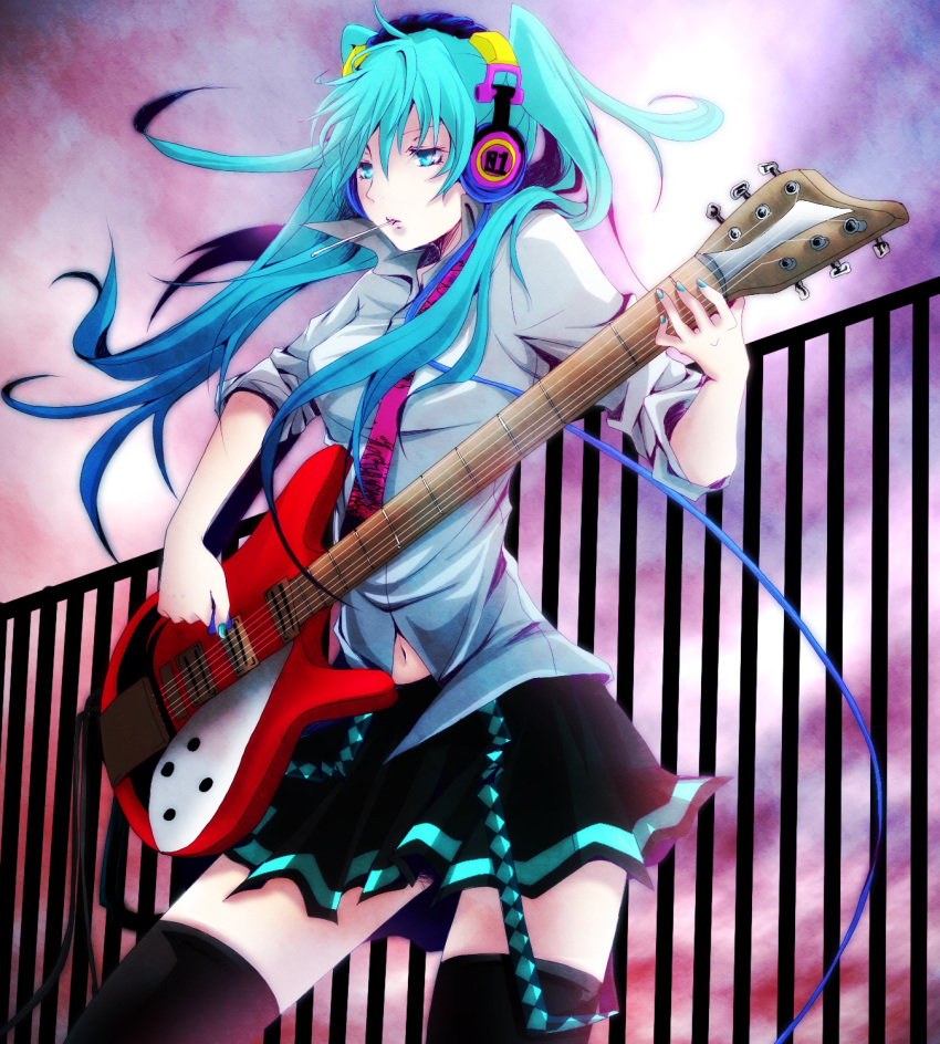 aqua_eyes, aqua_hair, guitar, hatsune_miku, headphones, highres, instrument, navel