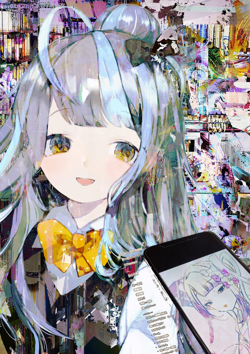 1girl, abstract, abstract_background, ahoge, anabone, blue_hair, blush, bow, bowtie, cardigan_vest, cellphone, chouzetsusaikawa_tenshi-chan, collared_shirt, eyebrows_visible_through_hair, grey_hair, hair_bow, hair_bun, highres, long_hair, multicolored_hair, needy_girl_overdose, nyalra_(author), open_mouth, original, phone, shirt, smartphone, smile, two-tone_hair, yellow_bow