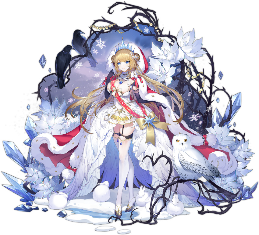 1girl, ark_order, bangs, barn_owl, bird, black_gloves, blonde_hair, blue_eyes