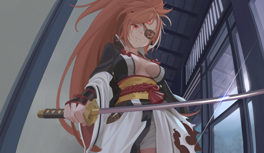 1girl, absurdres, amputee, baiken, big_hair, black_jacket, breasts, eyepatch