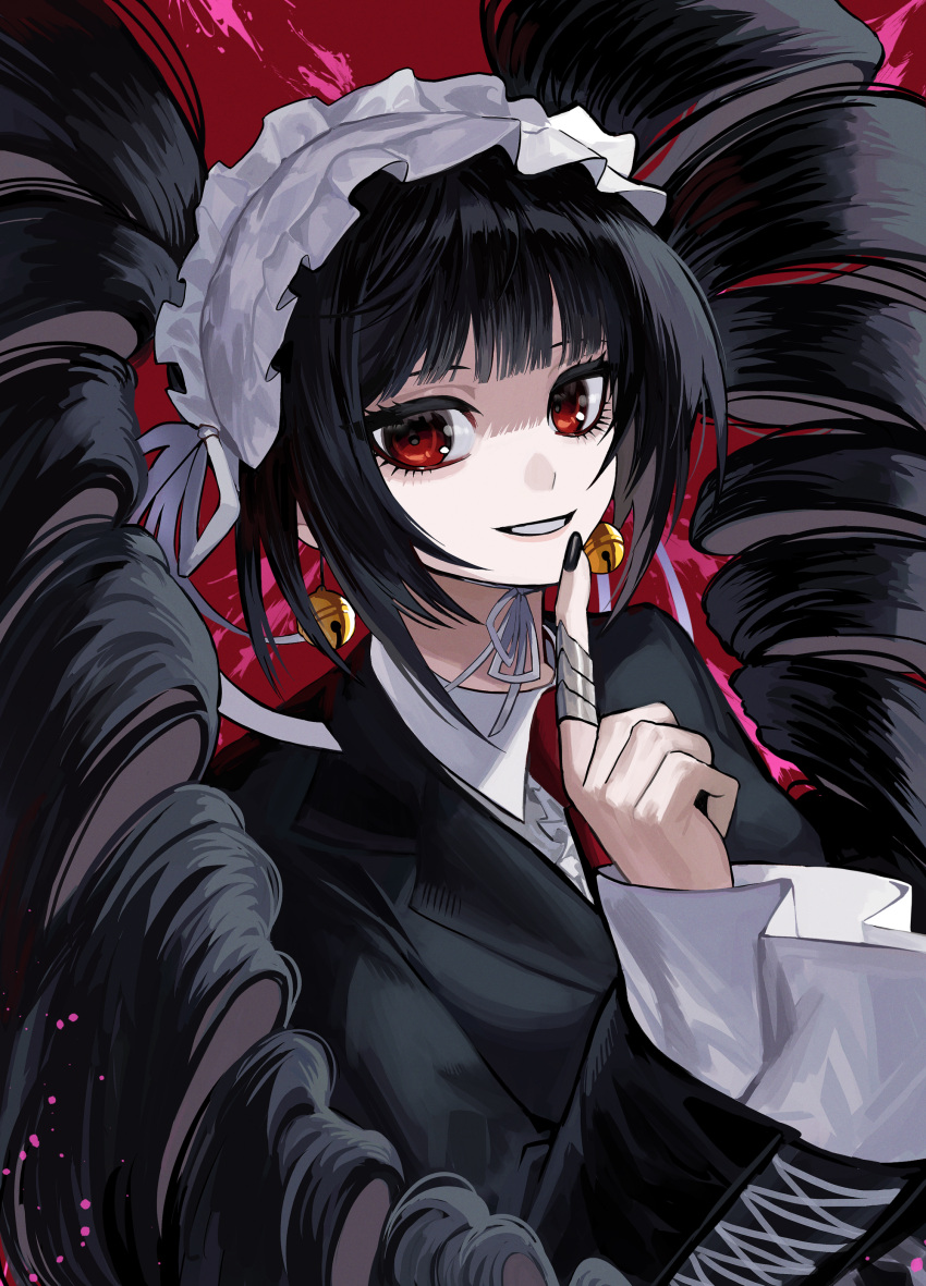 1girl, absurdres, bangs, black_hair, black_jacket, black_nails, celestia_ludenberg, center_frills, collared_shirt, danganronpa:_trigger_happy_havoc, danganronpa_(series), drill_hair, earrings, frills, grin, highres, index_finger_raised, jacket, jewelry, long_fingers, long_hair, long_sleeves, nail_polish, necktie, nongxy_nonshi, red_background, red_eyes, red_necktie, shirt, smile, teeth, twin_drills, twintails, upper_body, white_shirt