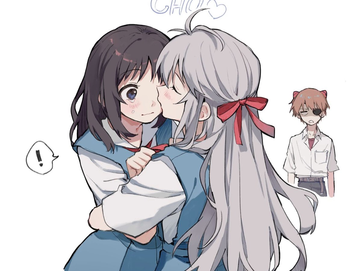 !, 1boy, 2girls, ahoge, black_hair, blue_eyes, blush, bow