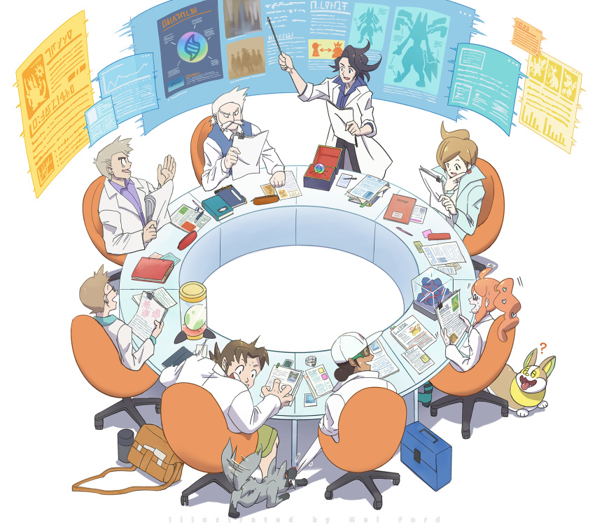 2girls, 6+boys, augustine_sycamore, aurea_juniper, bag, binder, binder_clip, birch_(pokemon)