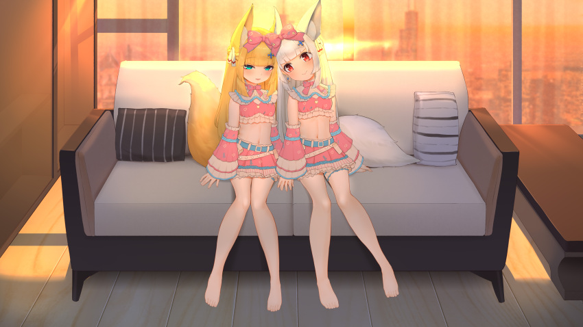 2girls, absurdres, animal_ear_fluff, animal_ears, aosora_(897791568), bangs, barefoot, belt, blonde_hair, blue_eyes, blunt_bangs, bow, couch, detached_sleeves, feet, fox_ears, fox_girl, fox_tail, hair_bow, highres, holding_hands, indoors, legs, long_hair, midriff, miniskirt, multiple_girls, navek, open_mouth, original, pillow, pink_shirt, pink_skirt, pink_sleeves, red_eyes, ribbon, shirt, silver_hair, sitting, skirt, smile, sunset, table, tail, thighs, toes, window