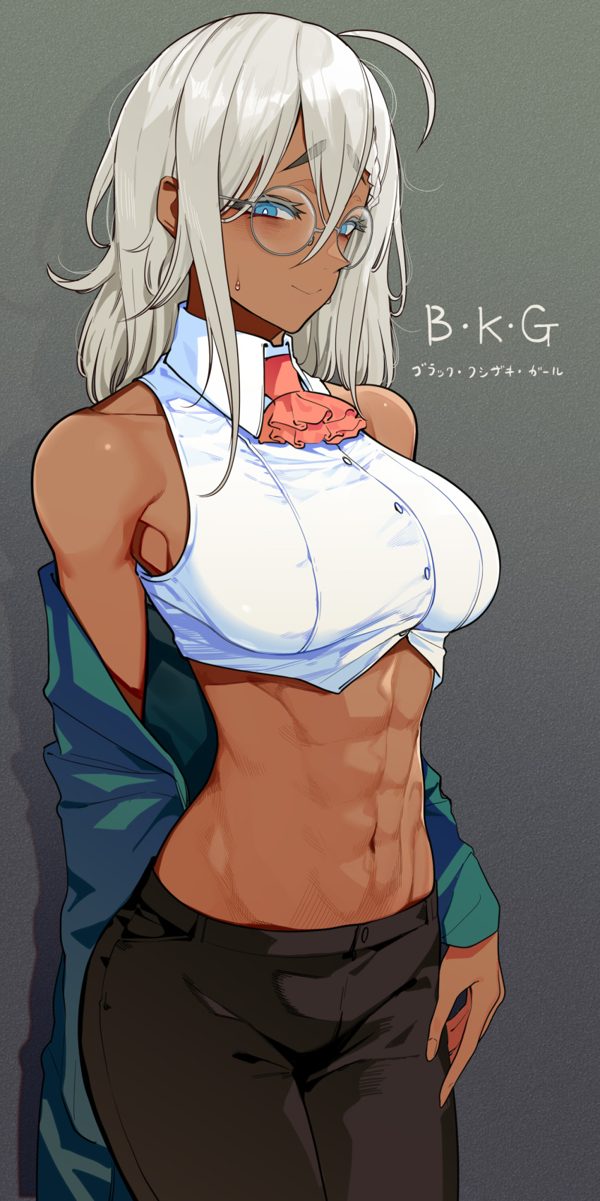 1girl, abs, absurdres, ascot, bare_shoulders, blonde_hair, blush, crop_top