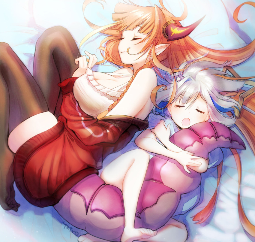 2girls, amane_kanata, black_legwear, breasts, camisole, closed_eyes, dragon_girl, dragon_horns, dragon_tail, highres, hololive, horns, kiryu_coco, large_breasts, long_hair, multiple_girls, orange_hair, skindentation, sleeping, tail, tail_hug, thick_thighs, thighs, toro_astro, translation_request, white_camisole