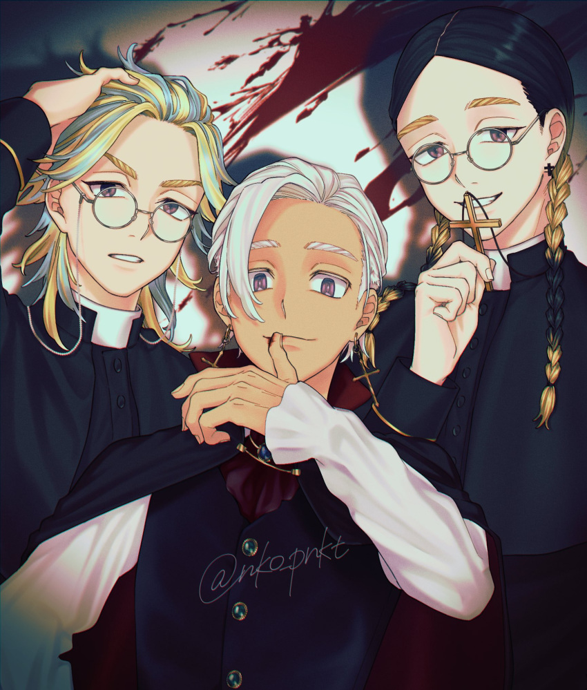3boys, arm_up, bangs, black_cloak, black_hair, black_shirt, black_vest, blonde_hair, blood, blood_splatter, blue_hair, braid, cloak, closed_mouth, cross, cross_earrings, cross_necklace, earrings, glasses, grin, haitani_ran, haitani_rindou, highres, holding, holding_cross, jewelry, kurokawa_izana, long_hair, long_sleeves, looking_at_viewer, male_focus, multicolored_hair, multiple_boys, necklace, nko_pnkt, round_eyewear, shirt, smile, tokyo_revengers, twin_braids, two-tone_hair, upper_body, vest, violet_eyes, white_background, white_hair, white_shirt