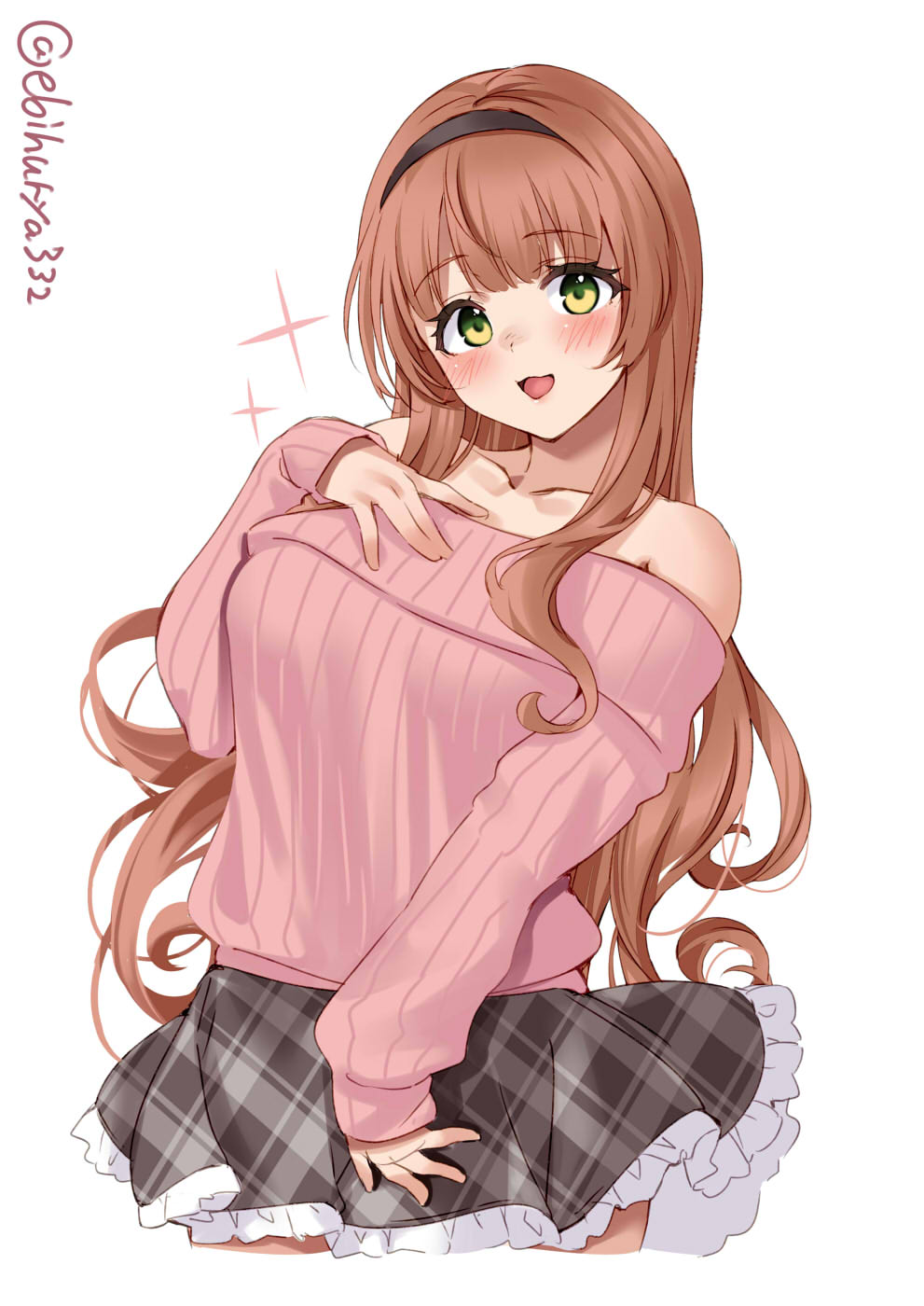 1girl, alternate_costume, bare_shoulders, black_skirt, blush, breasts, brown_hair, collarbone, cowboy_shot, ebifurya, eyebrows_visible_through_hair, frilled_skirt, frills, green_eyes, hair_between_eyes, helena_(kancolle), highres, kantai_collection, long_hair, looking_at_viewer, off-shoulder_sweater, off_shoulder, one-hour_drawing_challenge, open_mouth, simple_background, skirt, small_breasts, solo, sparkle, sweater, twitter_username, white_background
