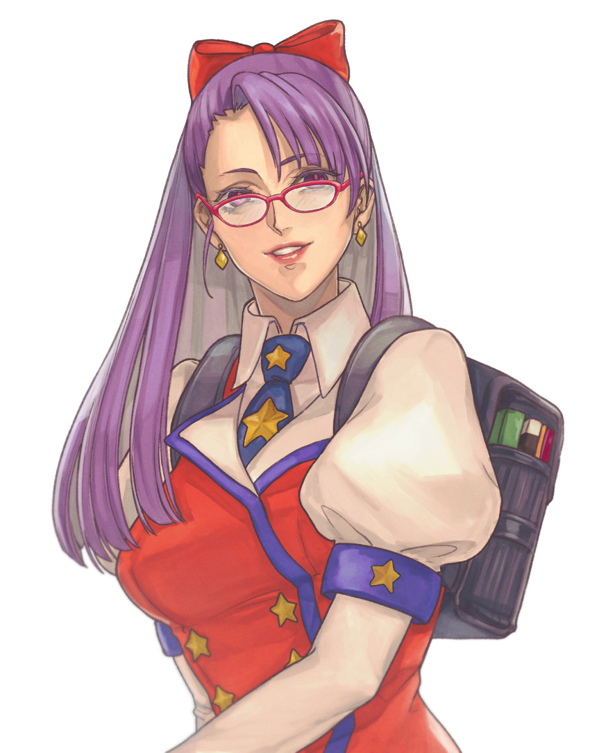 1girl, asamiya_athena, backpack, bag, bangs, bespectacled, black_bag, blue_necktie