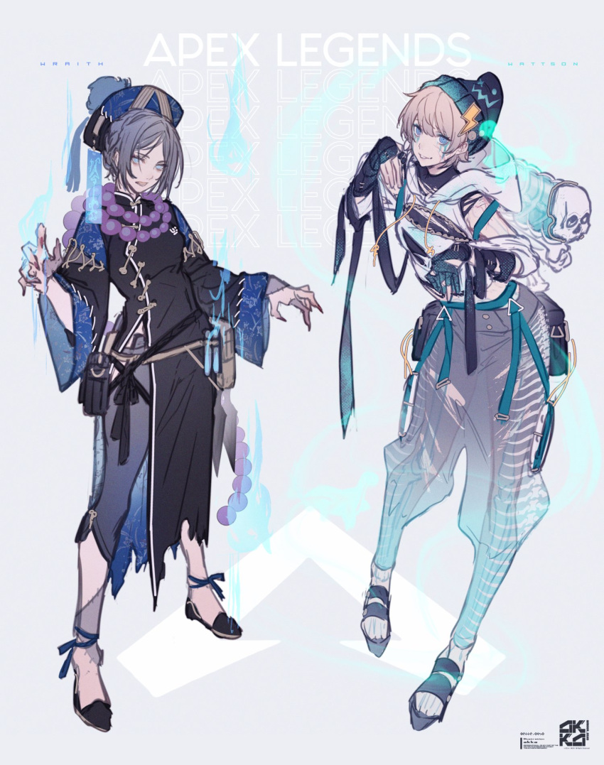 2girls, alternate_costume, apex_legends, barefoot_sandals, beanie, black_dress, black_footwear, black_pants