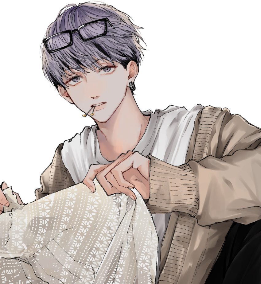 1boy, bangs, black_hair, brown_cardigan, cardigan, clothes_pin, earrings, eyebrows_visible_through_hair, eyewear_on_head, glasses, highres, holding, holding_clothes, jewelry, long_sleeves, male_focus, mitsuya_takashi, purple_hair, shirt, short_hair, simple_background, single_earring, sleeves_past_wrists, snnniki, solo, teeth_hold, tokyo_revengers, undercut, upper_body, violet_eyes, white_background, white_shirt