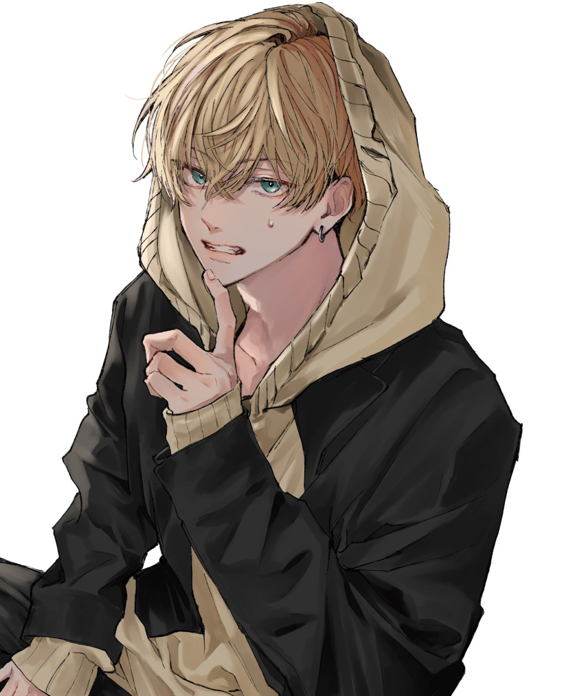 1boy, bangs, black_hair, black_jacket, blonde_hair, blue_eyes, brown_sweater, clenched_teeth