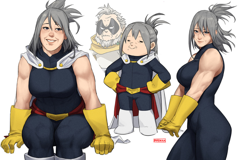 bangs, bodysuit, boku_no_hero_academia, breasts, breikka, cape, chibi, comparison, gloves, gran_torino_(boku_no_hero_academia), grin, large_breasts, lips, mature_female, medium_hair, mole, mole_under_mouth, muscular, muscular_female, older, shimura_nana, smile, superhero, wrinkled_skin, yellow_gloves