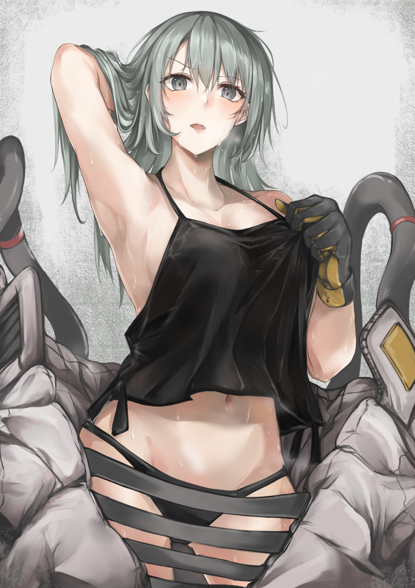 1girl, aqua_hair, arknights, arm_behind_head, bangs, black_gloves, black_panties, black_shirt
