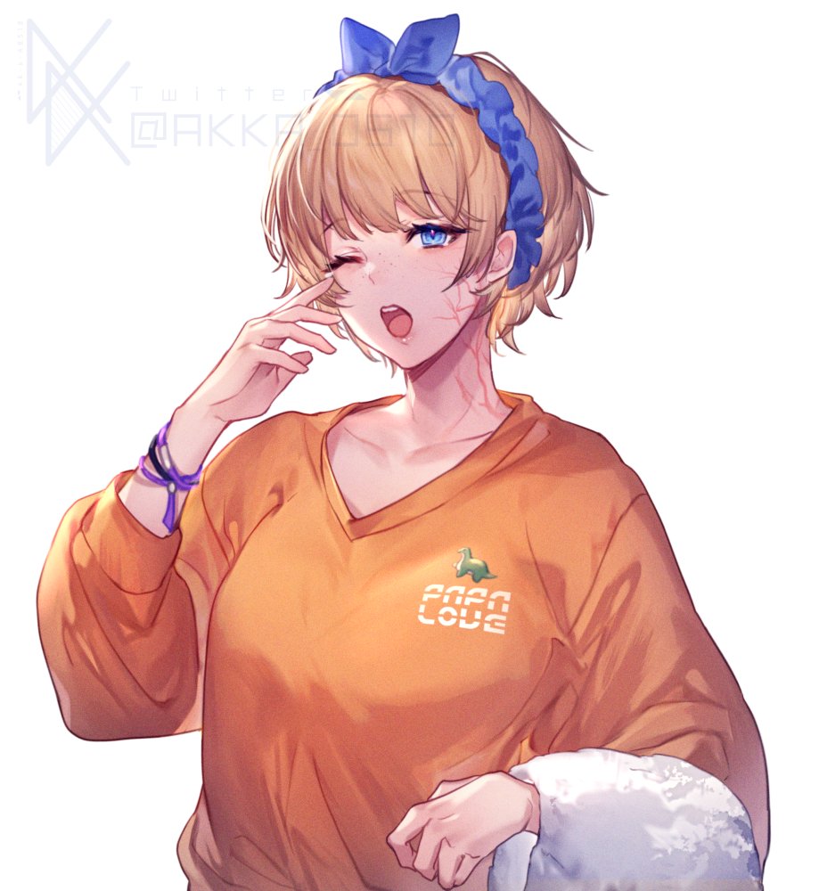 1girl, alternate_costume, apex_legends, blue_bow, bow, bracelet, breasts, eyebrows_visible_through_hair, hair_behind_ear, hair_bow, jewelry, medium_breasts, mizutama_(mao11260510), nessie_(respawn), one_eye_closed, open_mouth, orange_sweater, scar, scar_on_cheek, scar_on_face, solo, sweater, twitter_username, upper_body, watermark, wattson_(apex_legends), white_background