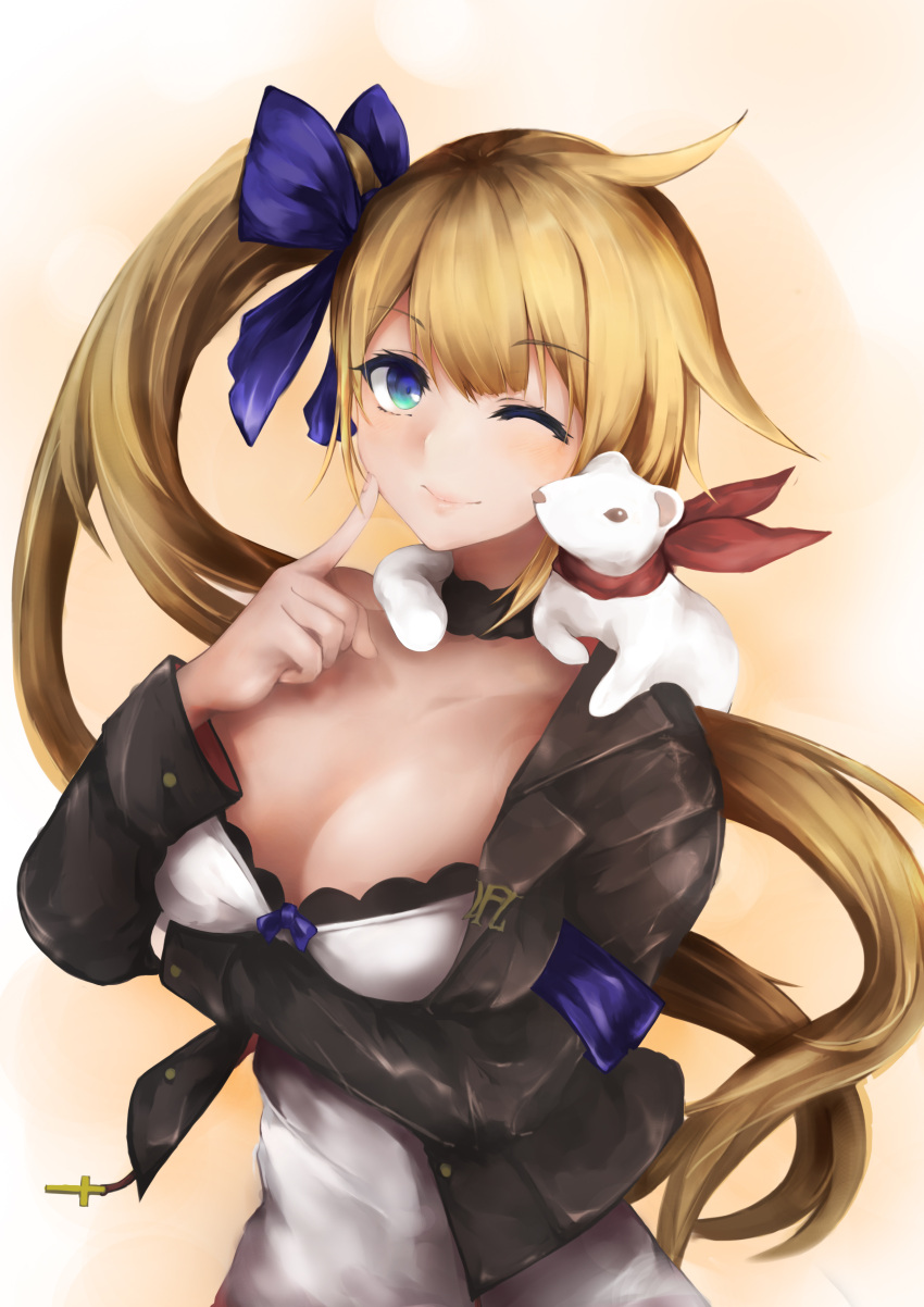 1girl, absurdres, bangs, black_jacket, blonde_hair, blue_eyes, breasts, closed_mouth