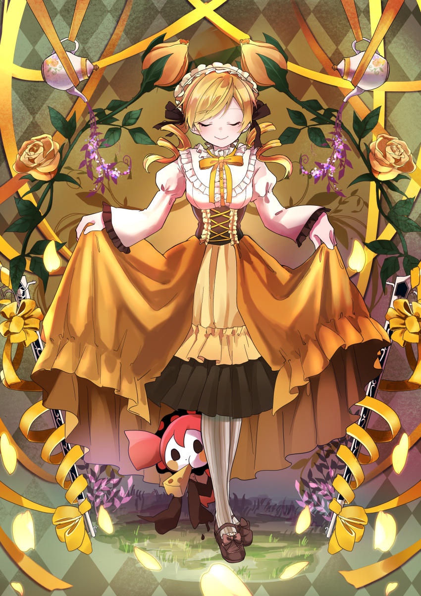 1girl, absurdres, alternate_costume, arms_at_sides, bangs, black_ribbon, blonde_hair, blush_stickers, border, breasts, brown_footwear, brown_legwear, brown_ribbon, bud, center_frills, charlotte_(madoka_magica), checkered, checkered_border, cheese, closed_eyes, closed_mouth, collared_dress, corset, dot_nose, dress, drill_hair, eyebrows_visible_through_hair, facing_viewer, floral_print, flower, food, food_in_mouth, footwear_ribbon, frilled_dress, frilled_hairband, frilled_shirt_collar, frilled_sleeves, frills, glowing_petals, grass, green_border, gun, hair_ribbon, hairband, high_collar, highres, juliet_sleeves, large_breasts, layered_dress, leaf, leaf_background, light_smile, lolita_fashion, lolita_hairband, long_dress, long_sleeves, magical_musket, mahou_shoujo_madoka_magica, mahou_shoujo_madoka_magica_movie, maruiusausagi, mary_janes, neck_ribbon, pantyhose, peeking_out, petals, plant, polka_dot, puffy_sleeves, ribbon, rifle, rose, rose_print, shoes, skirt_hold, solid_oval_eyes, solo, striped, striped_legwear, swept_bangs, teapot, tomoe_mami, twin_drills, underbust, vertical-striped_legwear, vertical_stripes, vines, weapon, white_hairband, wide_sleeves, witch_(madoka_magica), yellow_dress, yellow_flower, yellow_ribbon, yellow_rose, yellow_theme