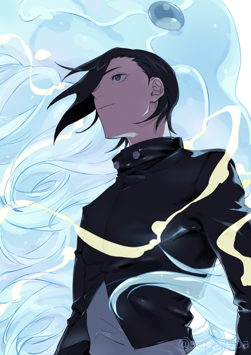 1boy, black_eyes, black_hair, black_jacket, closed_mouth, hair_over_one_eye, highres, hua_(supa_jopa)
