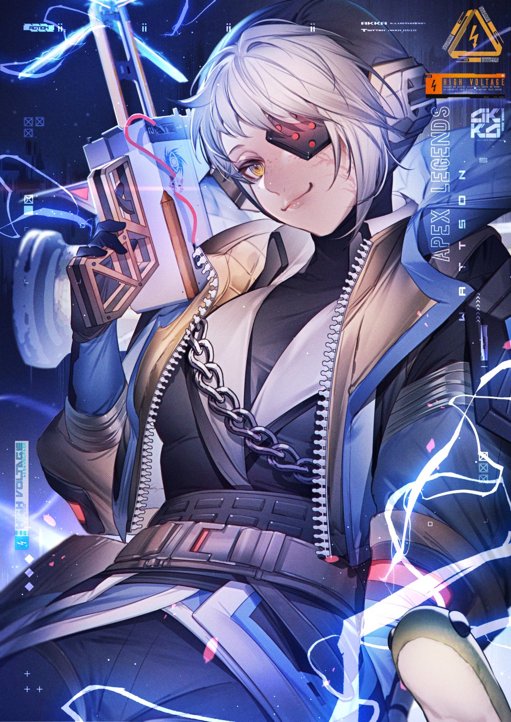 1girl, apex_legends, belt, black_eyepatch, black_jacket, breasts, brown_eyes, chain