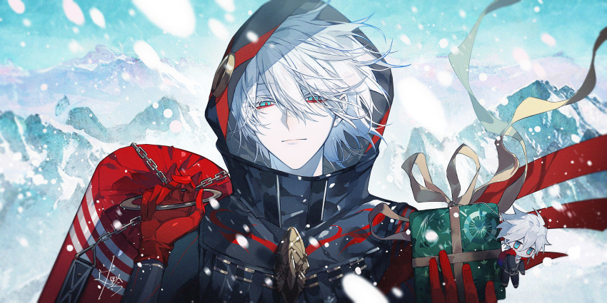 1boy, absurdres, bishounen, blue_eyes, box, chibi, chinese_commentary, christmas