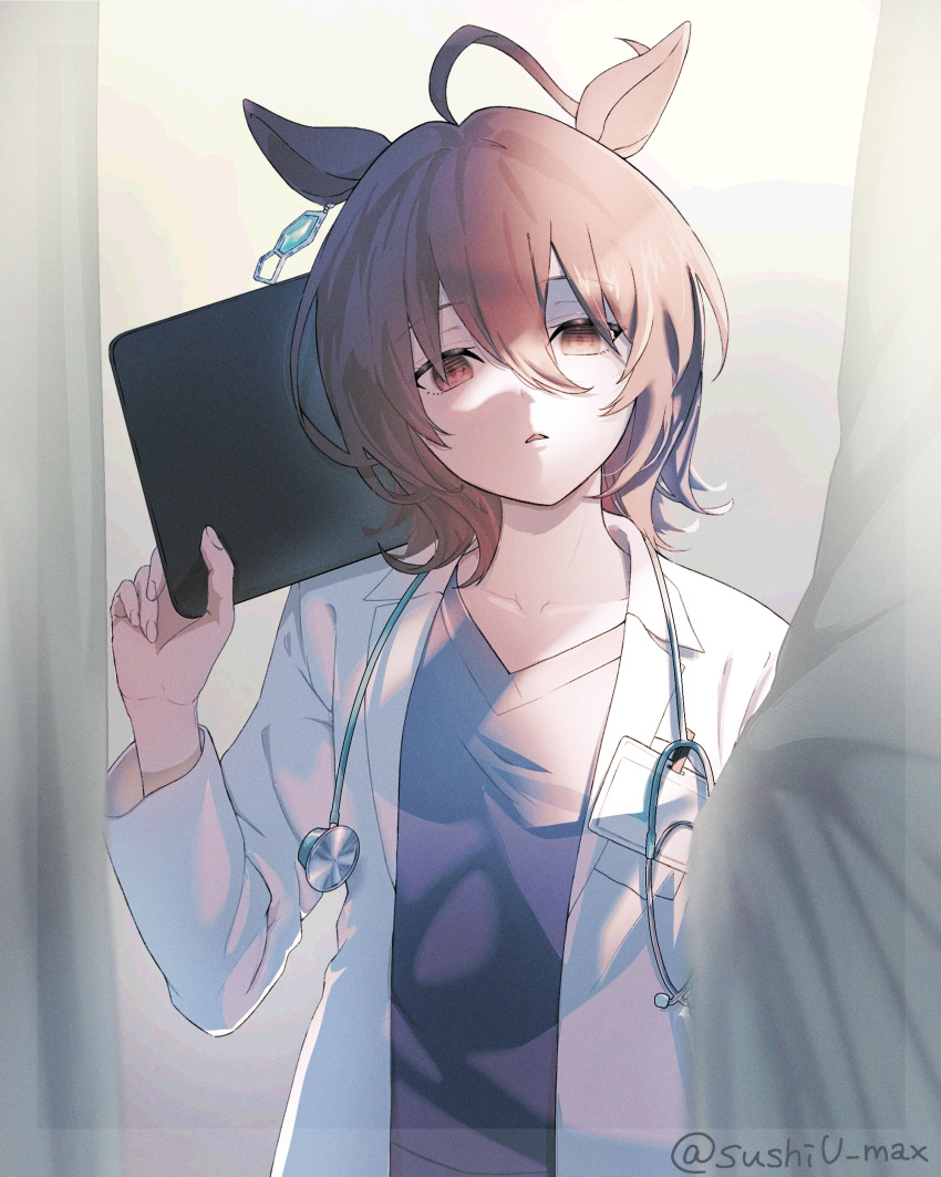 1girl, absurdres, agnes_tachyon_(umamusume), ahoge, alternate_costume, animal_ears, brown_eyes, brown_hair, chemical_structure, clipboard, curtains, earrings, empty_eyes, fingernails, hand_up, highres, holding, holding_clipboard, horse_ears, horse_girl, jewelry, kadokura_(sushiu_max), labcoat, long_sleeves, medical_scrubs, medium_hair, messy_hair, parted_lips, single_earring, solo, stethoscope, umamusume